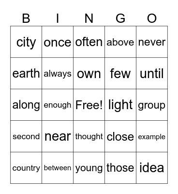 1st Grade Words Bingo Card