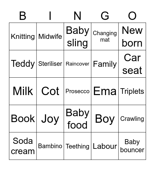 Ema's Baby Shower Bingo Card