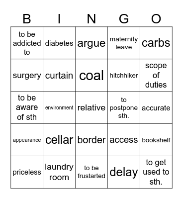 Vocabulary revision Bingo Card