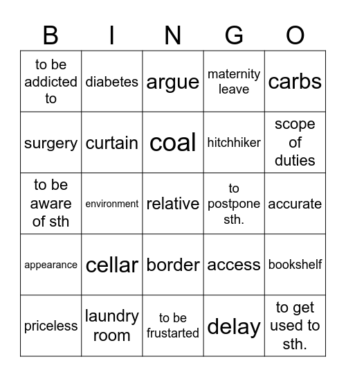 Vocabulary revision Bingo Card