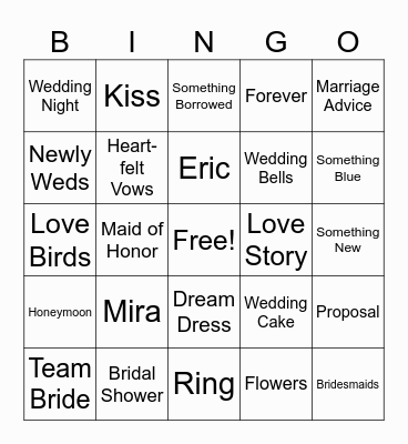 Mira's Bridal Shower Bingo Card