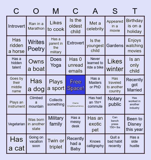 Getting to Know You ~Comcast Bingo Card