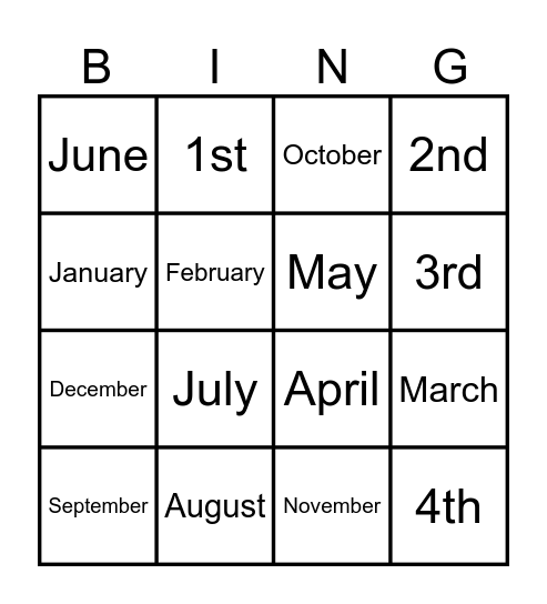 Months and Ordinal Numbers Bingo Card