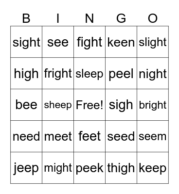 words with ee and igh Bingo Card