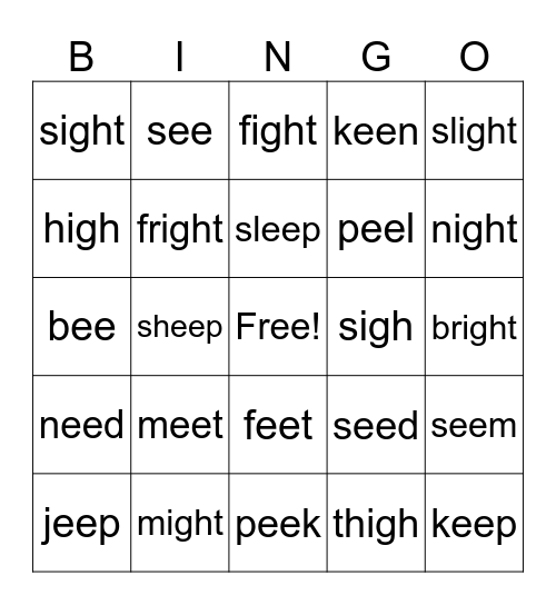 words with ee and igh Bingo Card