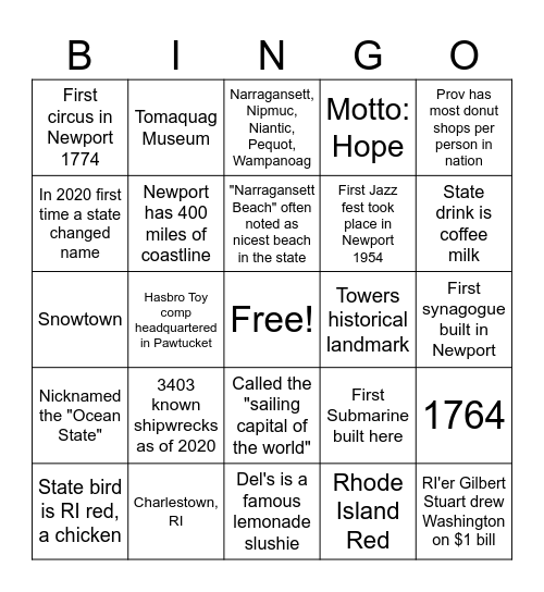 RHODE ISLAND BINGO Card