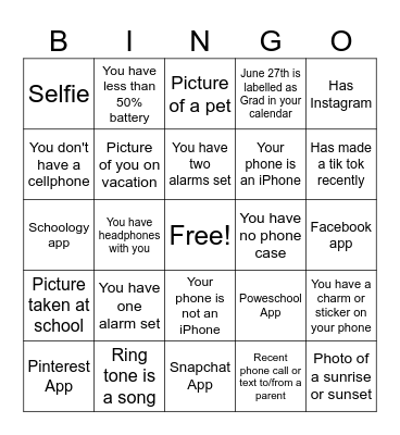 Graduation What's In Your Phone? Bingo Card
