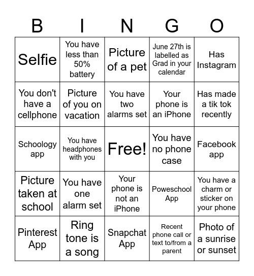 Graduation What's In Your Phone? Bingo Card