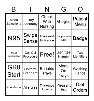 Patient Dining BINGO Card