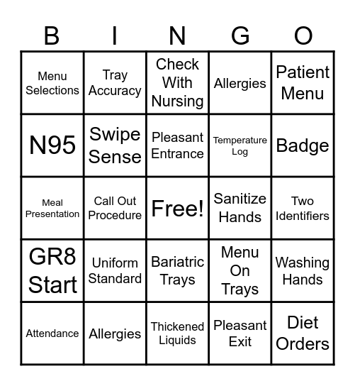 Patient Dining BINGO Card