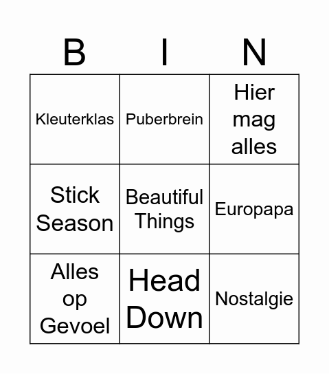 Groep 8 Muziek Bingo Card