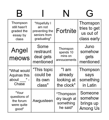 Aquinas Class Bingo Card