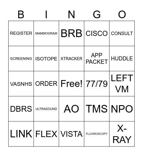 Radiology Admin Day Bingo Card