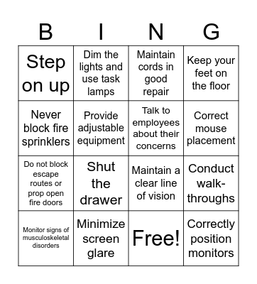 Office safety: 25 steps to a safer office Bingo Card