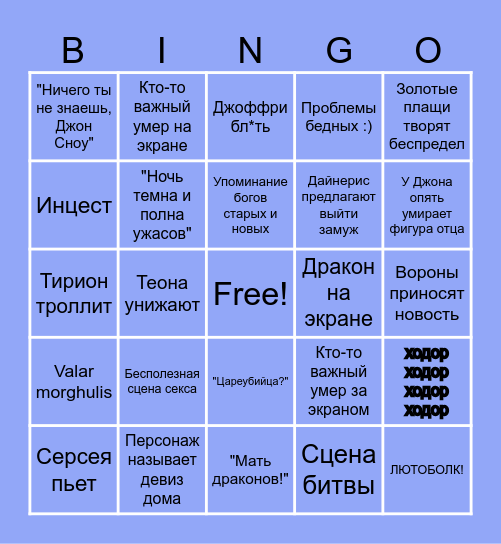 Игра Престолов 2 сезон Bingo Card