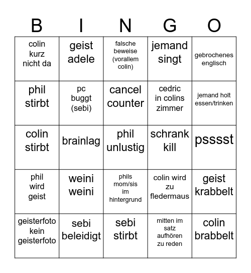 phasmo bingo Card