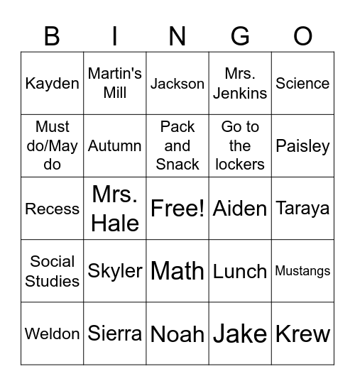 3rd Grade Bingo Card