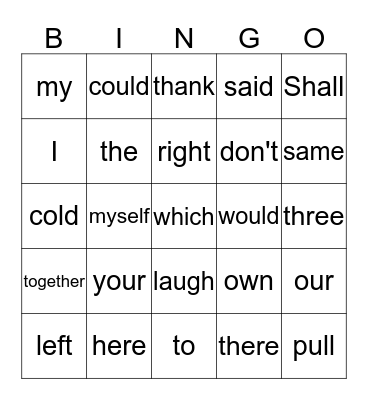Sight Words Bingo Card
