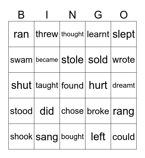 Irregular Past Simple Bingo Card