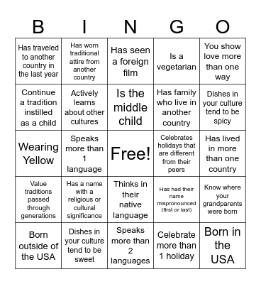 Cultural Diversity Bingo Card