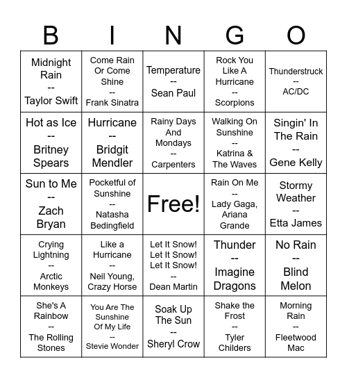 Music Bingo, Weather You Like It Or Not Bingo Card