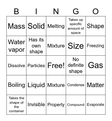 Science Matter Bingo Card