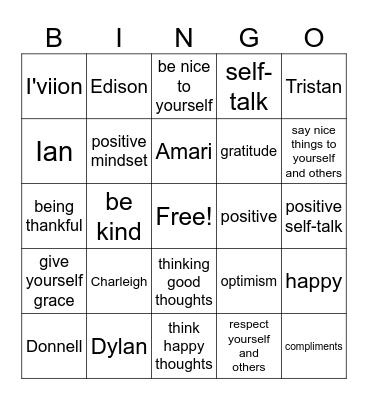 Positive Attitude Bingo Card