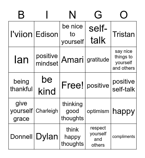 Positive Attitude Bingo Card