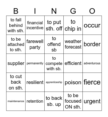 Vocabulary revision Bingo Card