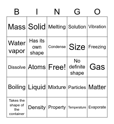 Science Matter Bingo Card