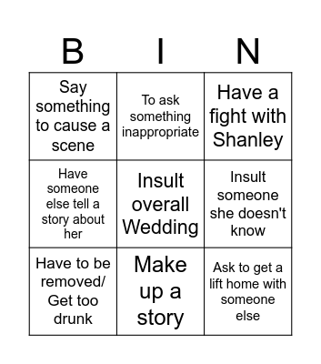 Lee's Wedding Bingo Card