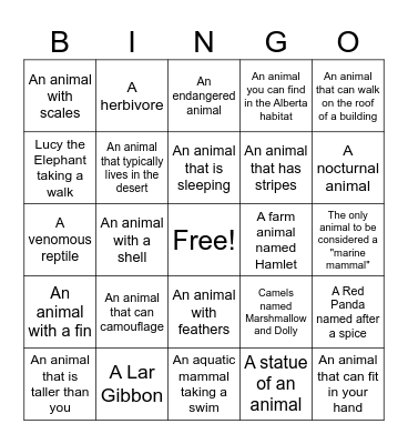 Edmonton Valley Zoo Bingo Card