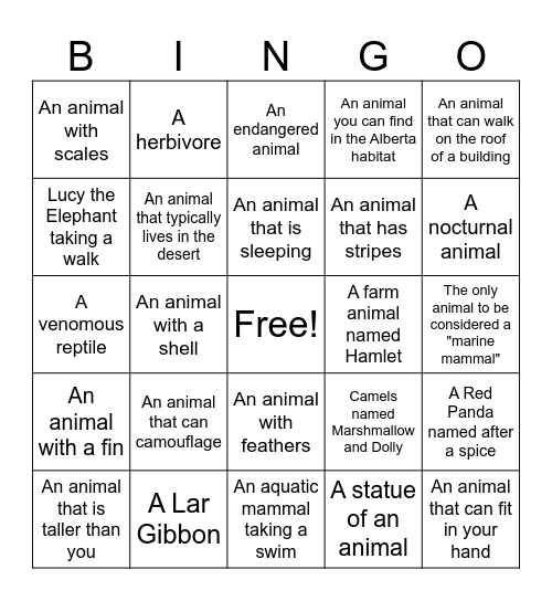 Edmonton Valley Zoo Bingo Card