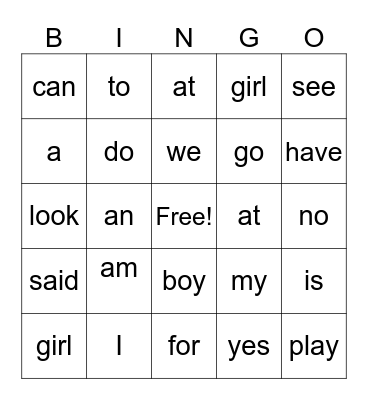 Sight Words - List 1 Bingo Card
