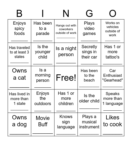 Know Your Teammates Bingo Card