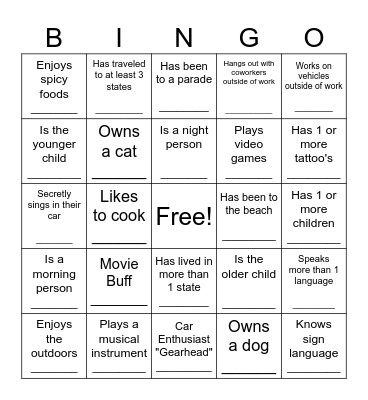 Know Your Teammates Bingo Card