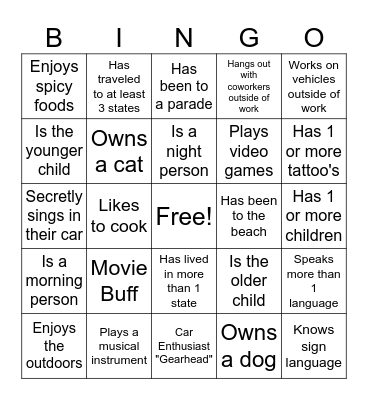 Know Your Teammates Bingo Card