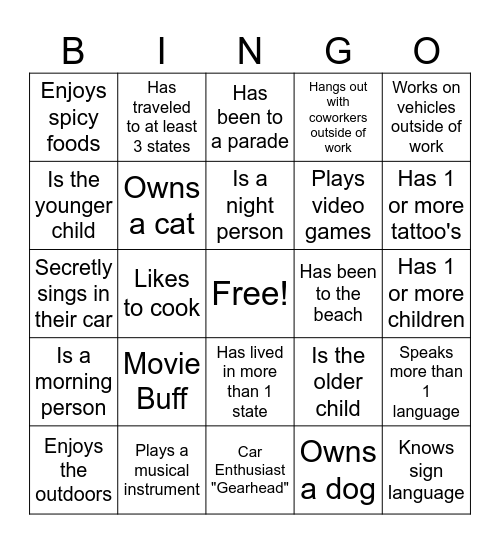 Know Your Teammates Bingo Card