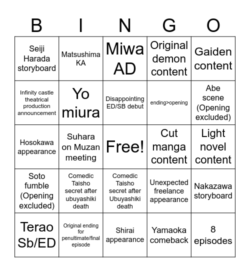 Kimetsu HTA Bingo Card