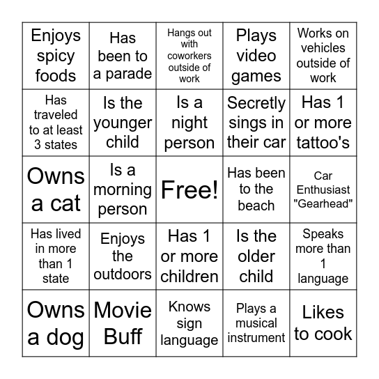 Know Your Teammates Bingo Card