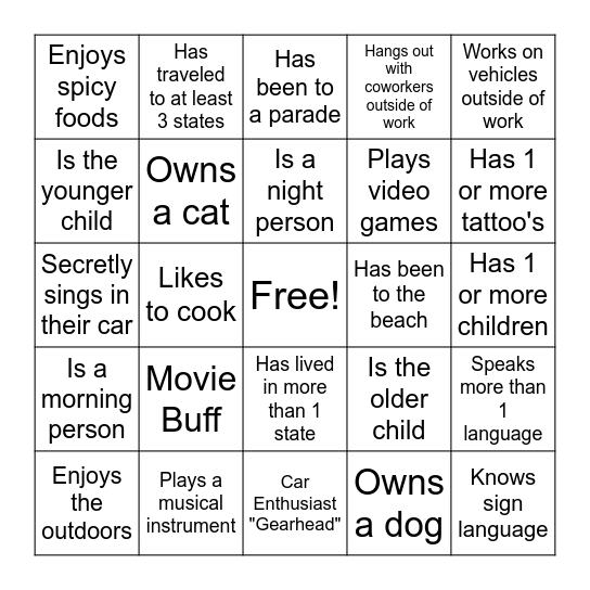 Know Your Teammates Bingo Card