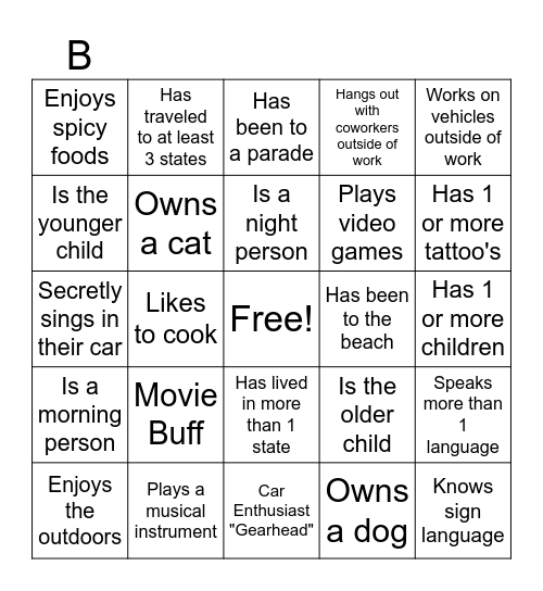 Know Your Teammates Bingo Card