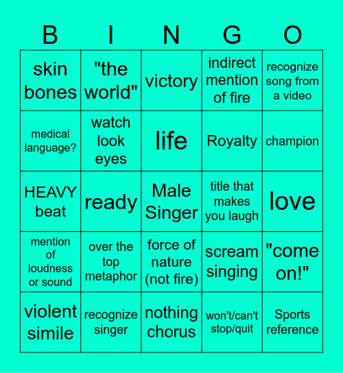 Dude Perfect Songs Bingo Card