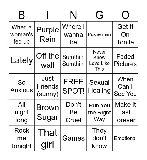 R&B hits Male solo artists Bingo Card