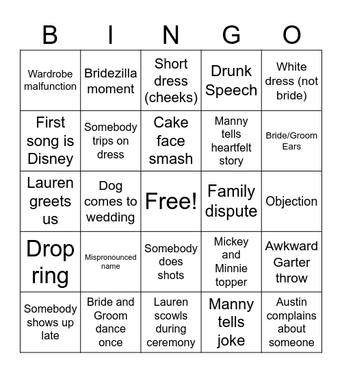 M+M Disney Wedding Bingo Card