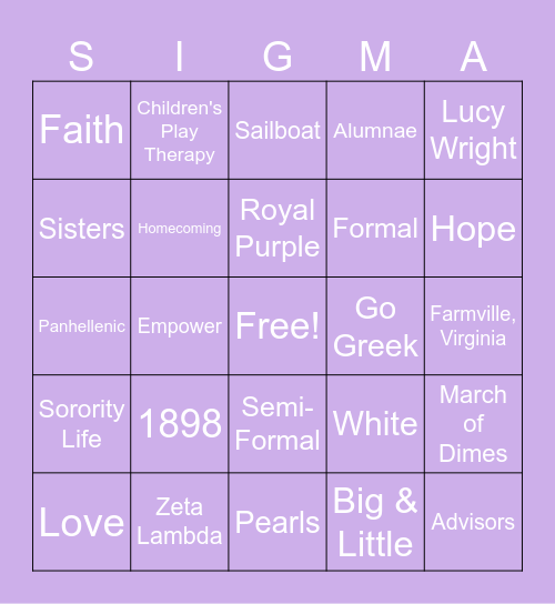 Tri Sigma Bingo Card