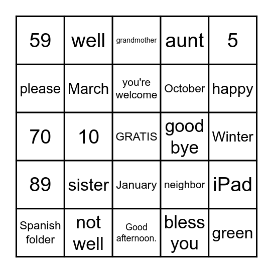 FINAL SPANISH BINGO Card