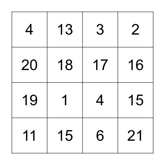 Four Corner Bingo Card