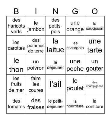2B u1A la nourriture Bingo Card