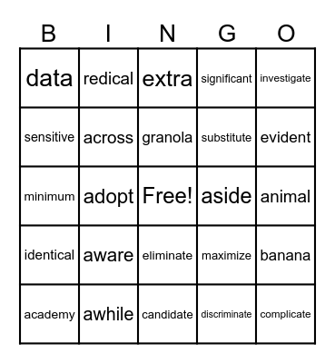 Wilson 5.5 Real Words Bingo Card